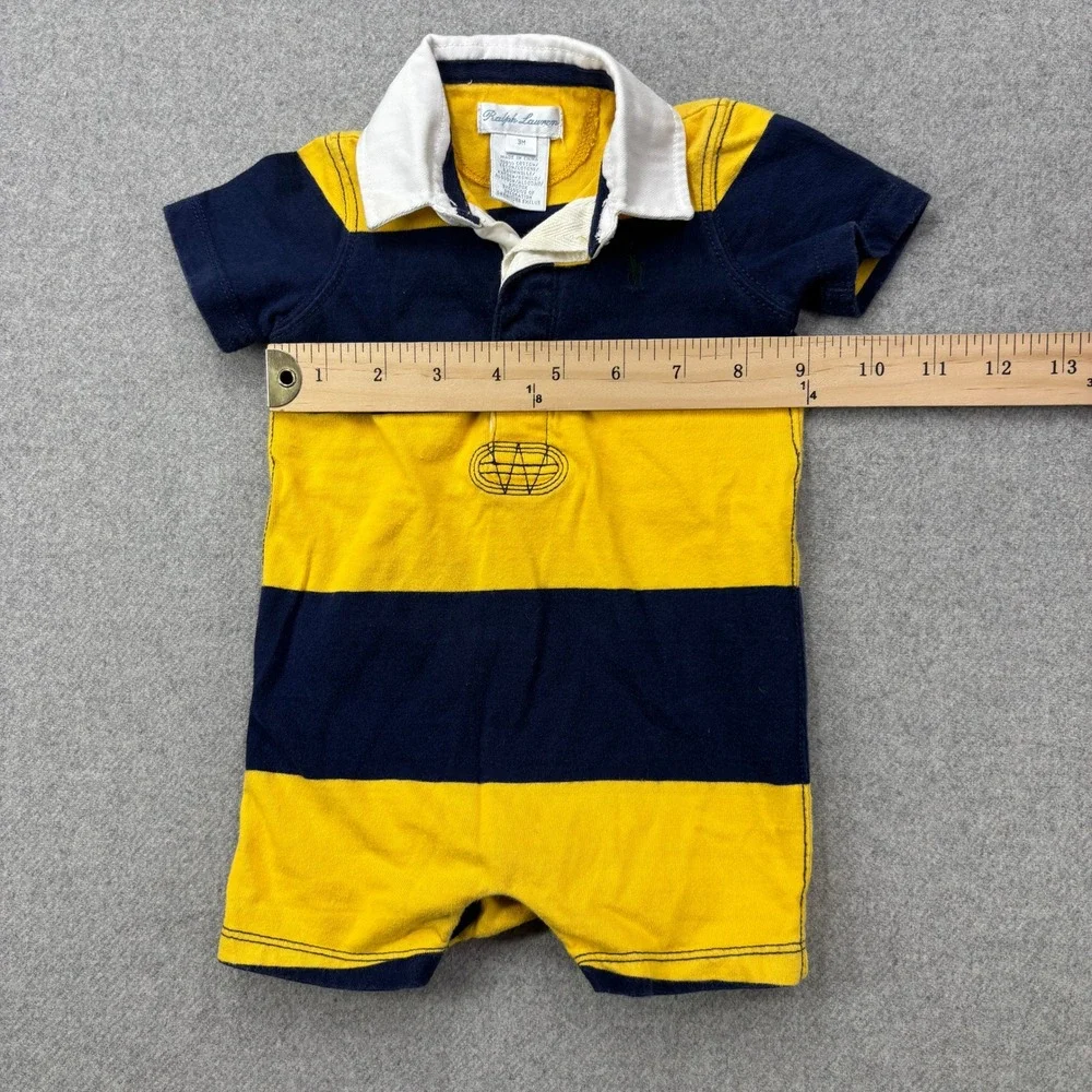 Ralph Lauren Baby Rugby‎ Romper Shortall 3M Yellow Navy Blue Short Sleeve Polo
